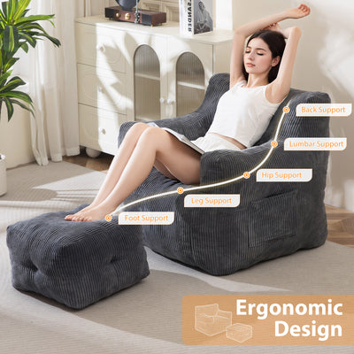 MAXYOYO Tufted Bean Bag Chair with Ottoman, Corduroy Bean Bag Couch Lazy Chair with Filler for Adult, Grey