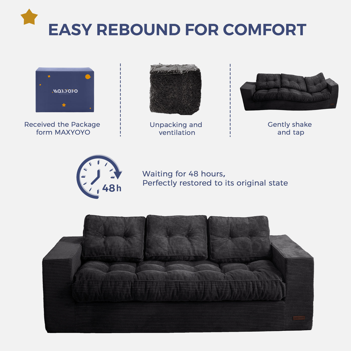 MAXYOYO 3 Seater Couch for Living Room, Boneless Couch with Tufted Cushion & Backrest, Upholstered Floor Sofa with Armrests, Sofa in A Box, No Assembly Required