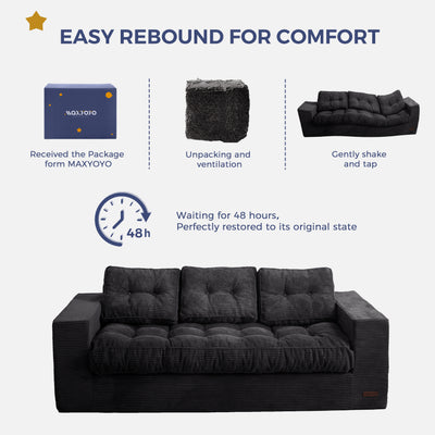 MAXYOYO 3 Seater Couch for Living Room, Boneless Couch with Tufted Cushion & Backrest, Upholstered Floor Sofa with Armrests, Sofa in A Box, No Assembly Required
