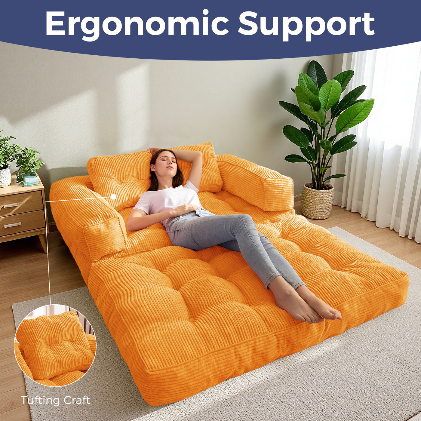 MAXYOYO Folding Sofa Bed – 2-Seat Foldable Couch  with Armrest , Orange