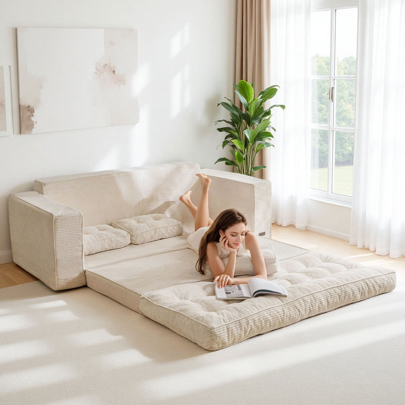 MAXYOYO 3-Seater Convertible Sofa Bed – Corded 2-in-1 Pull-Out Floor Couch with Pillows for Living Room, No Assembly