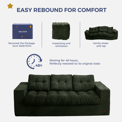 MAXYOYO 3 Seater Couch for Living Room, Boneless Couch with Tufted Cushion & Backrest, Upholstered Floor Sofa with Armrests, Sofa in A Box, No Assembly Required