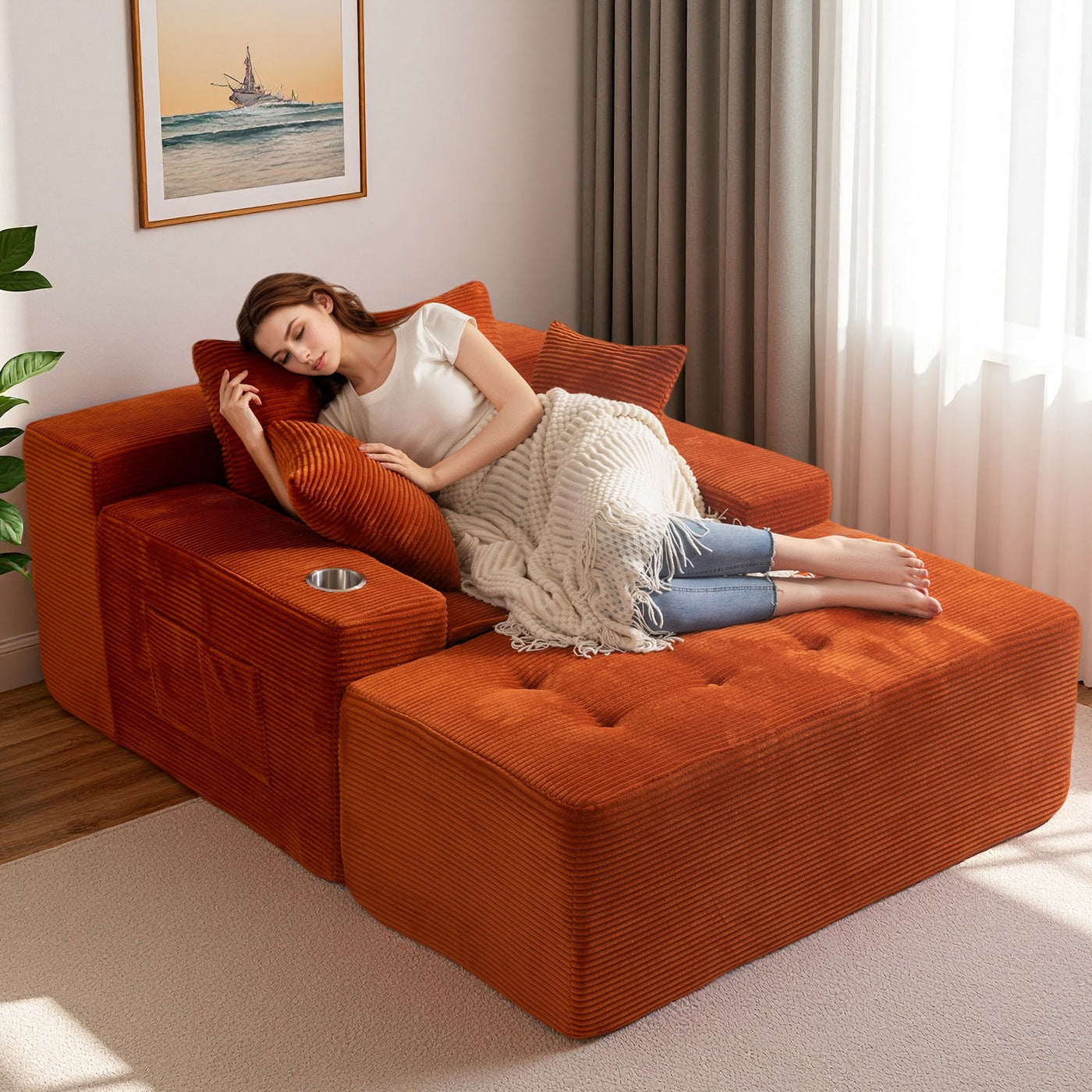 MAXYOYO Oversized Chaise Lounge Sofa with Ottoman – Deep Seat Tufted Sleeper Chair with 3 Pillows, Orange