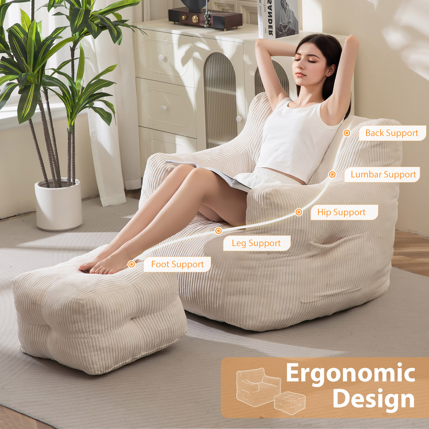 MAXYOYO Tufted Bean Bag Chair with Ottoman, Corduroy Bean Bag Couch Lazy Chair with Filler for Adult, Beige