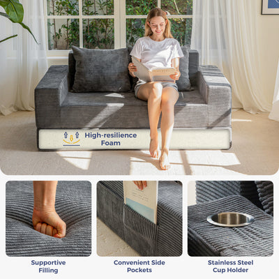 MAXYOYO Loveseat Sofa Bed, 4 in 1 Foldable Floor Sofa Couch in A Box with 2 Cup Holders, Convertible Boneless Couch Folding Recliner Sleeper Chair for Living Room, No Assembly Required