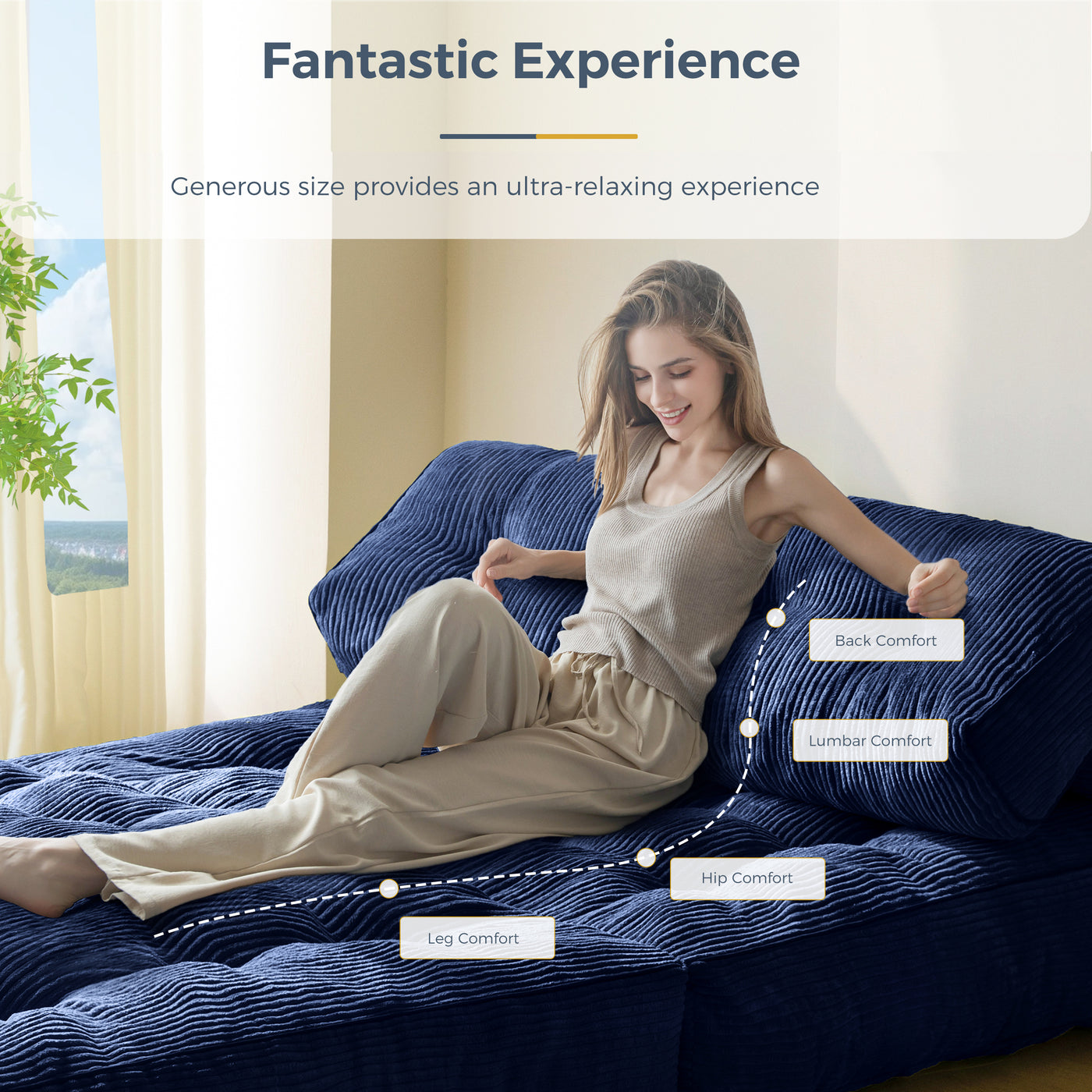 MAXYOYO Folding Sofa Bed, Convertible Sleeper Chair with Pillow Foldable Matress with Back Support, Portable Fold Out Chair Bed Comfy Floor Sofa Lounge for Living Room Bedroom, Navy Double