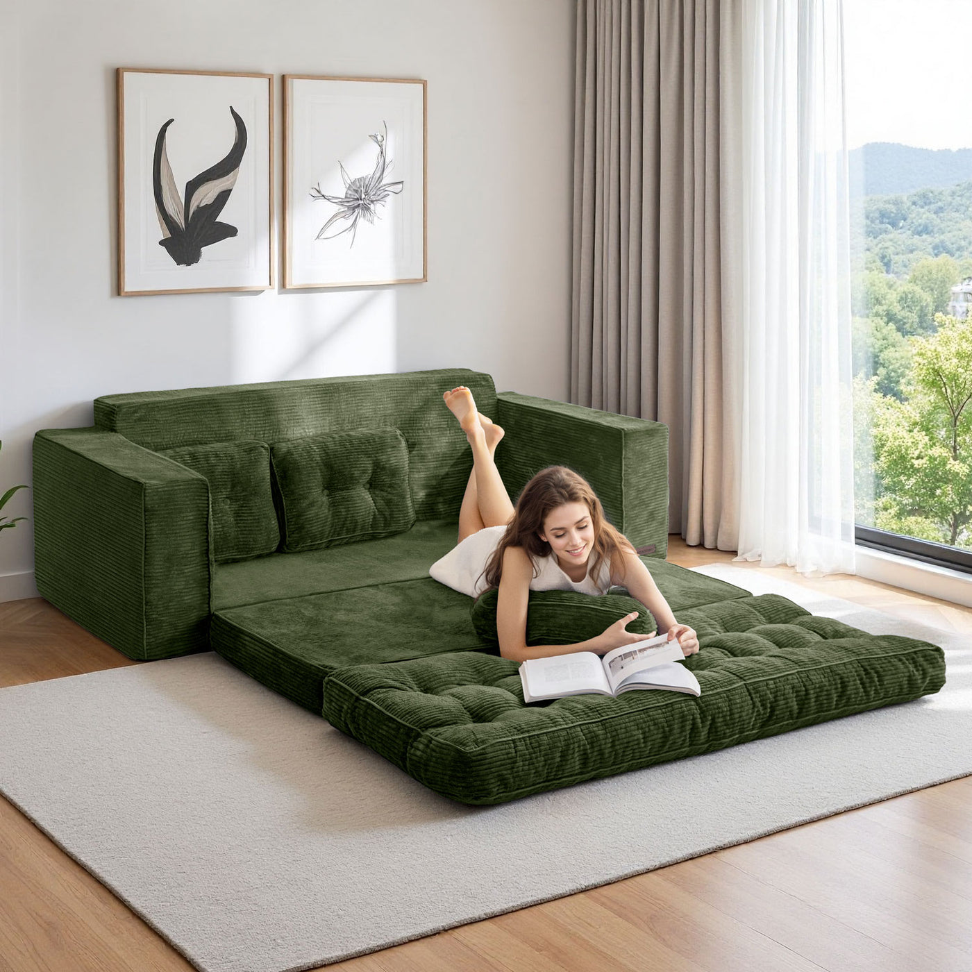 MAXYOYO 3-Seater Convertible Sofa Bed – Corded 2-in-1 Pull-Out Floor Couch with Pillows for Living Room, No Assembly