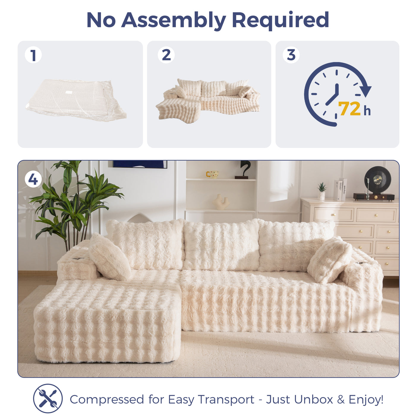 MAXYOYO 104" Modular Sectional Couch with L-Shape Chaise, Modern Boneless Couch for Living Room, Sofa in A Box, Oversized Sofa Sleeper with Deep Seat, No Assembly Required, Beige