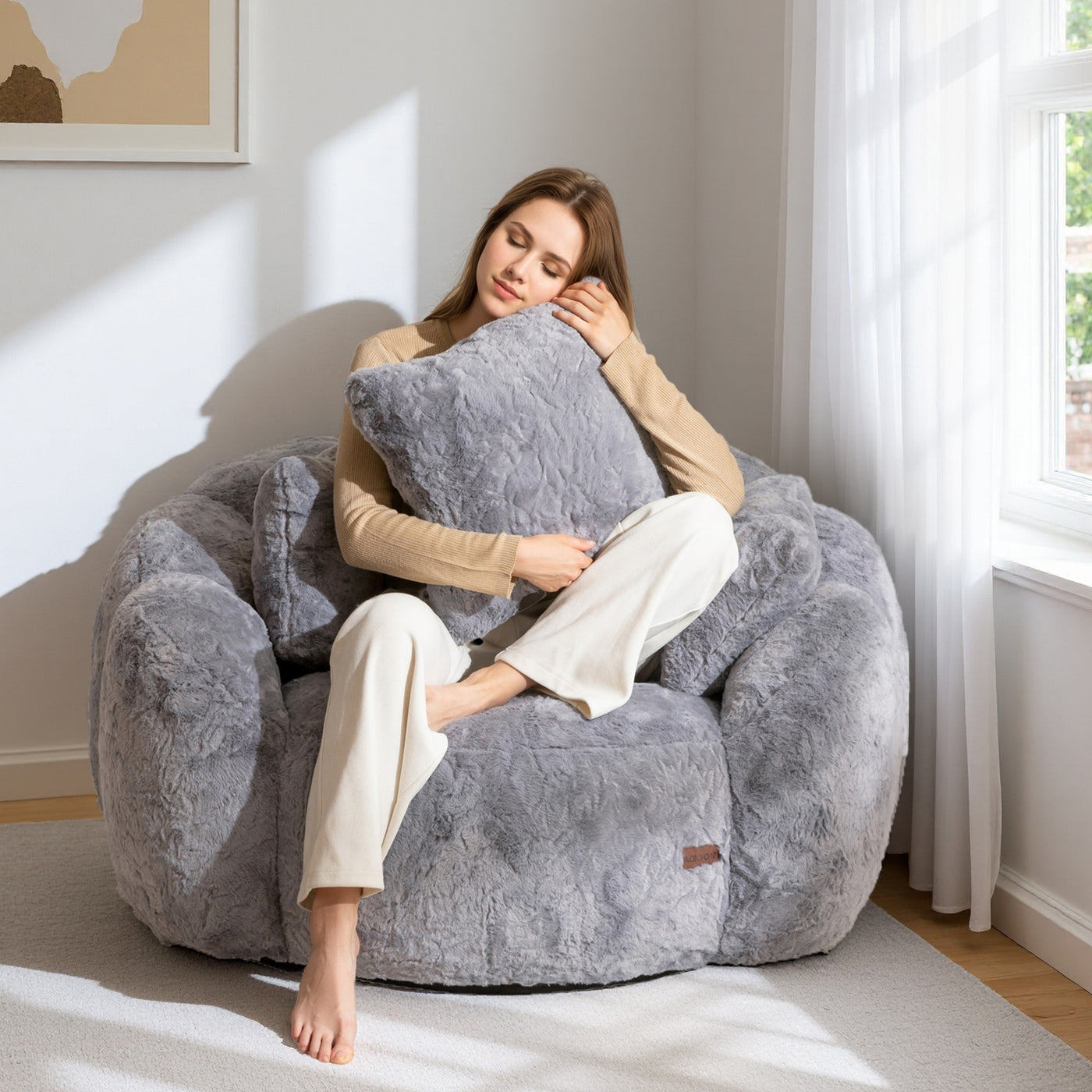 MAXYOYO Floral Bean Bag Chair 3 Pillows –  Soft Faux Fur Lounge Sofa for Reading&Gaming, Grey