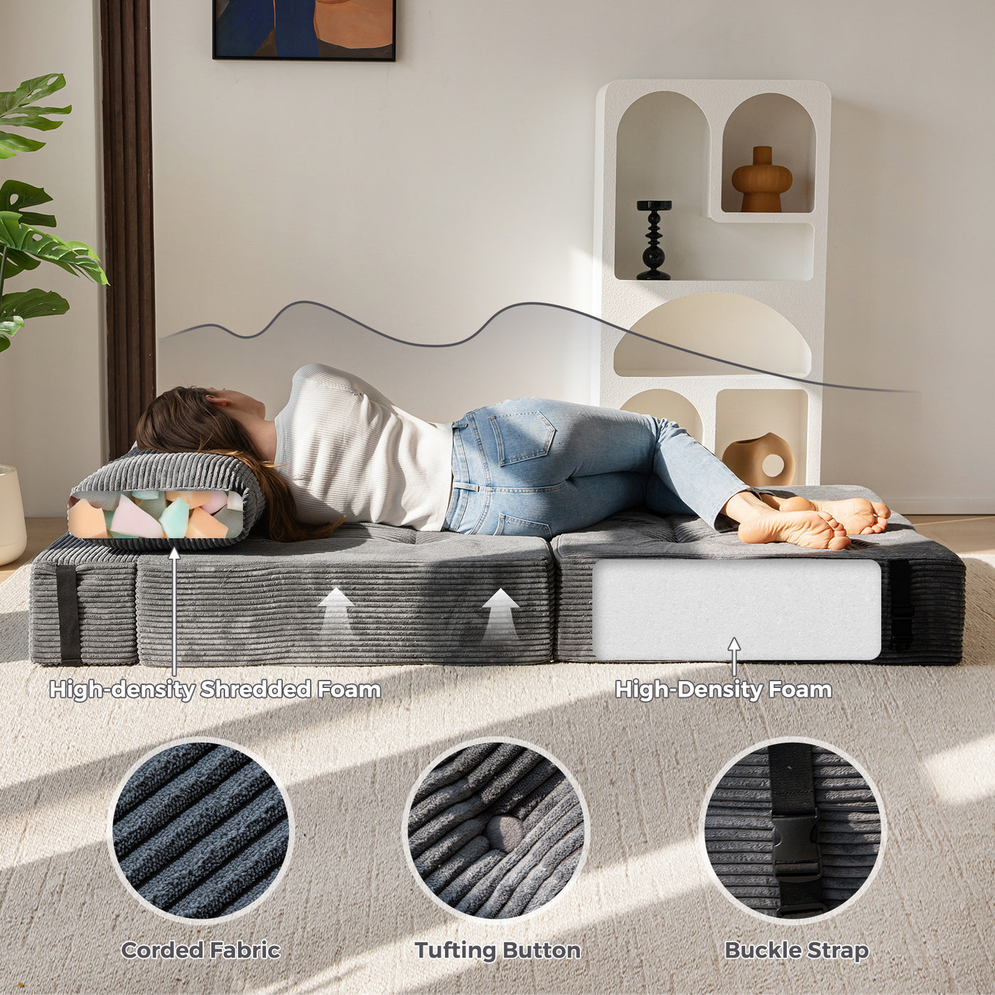 MAXYOYO Folding Sofa Bed, Convertible Sofa Bed with High-Density Support Foam for Living Room Bedroom, Dark Grey