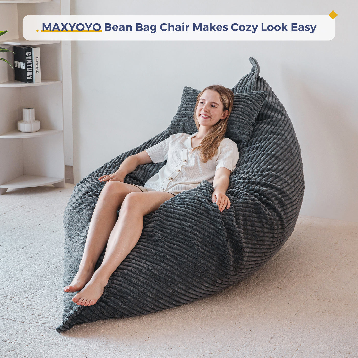 MAXYOYO Giant Bean Bag Chair with Pillow, 3 in 1 Convertible Bean Bag Bed for Adults with Washable Cover, Removable Floor Cushion Stuffed Floor Lounger for Living Room Bedroom, Dark Grey