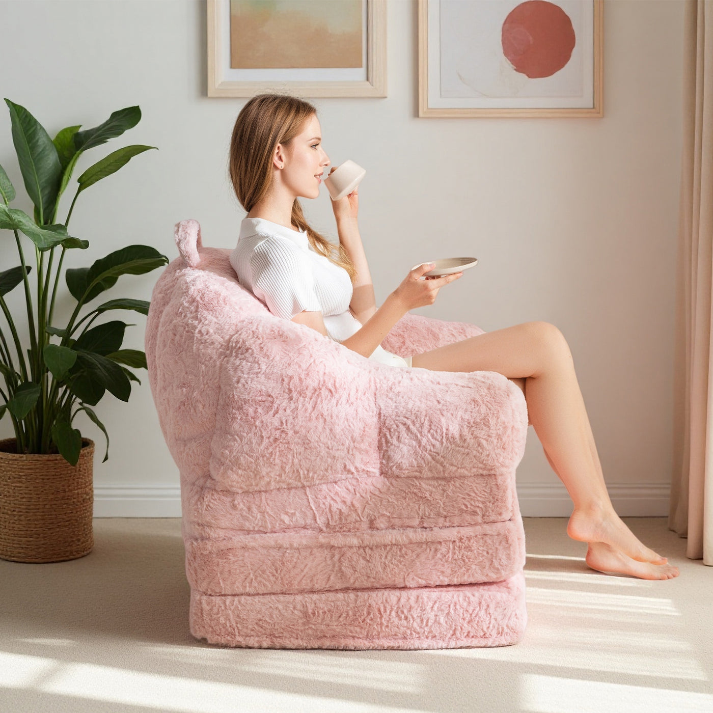 MAXYOYO Single Faux Fur Sofa Bed – Lounge & Sleeper in One, Pink