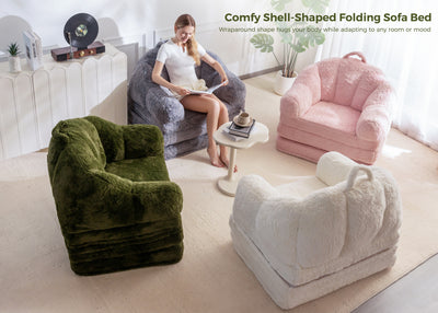 MAXYOYO Folding Sofa Bed, 2 in 1 Convertible Sofa to Lounger Comfy Single Bean Bag Chair for Adults, Floor Sleeper Couch with Handle, Faux Fur Couch Bed for Living Room Bedroom, Green