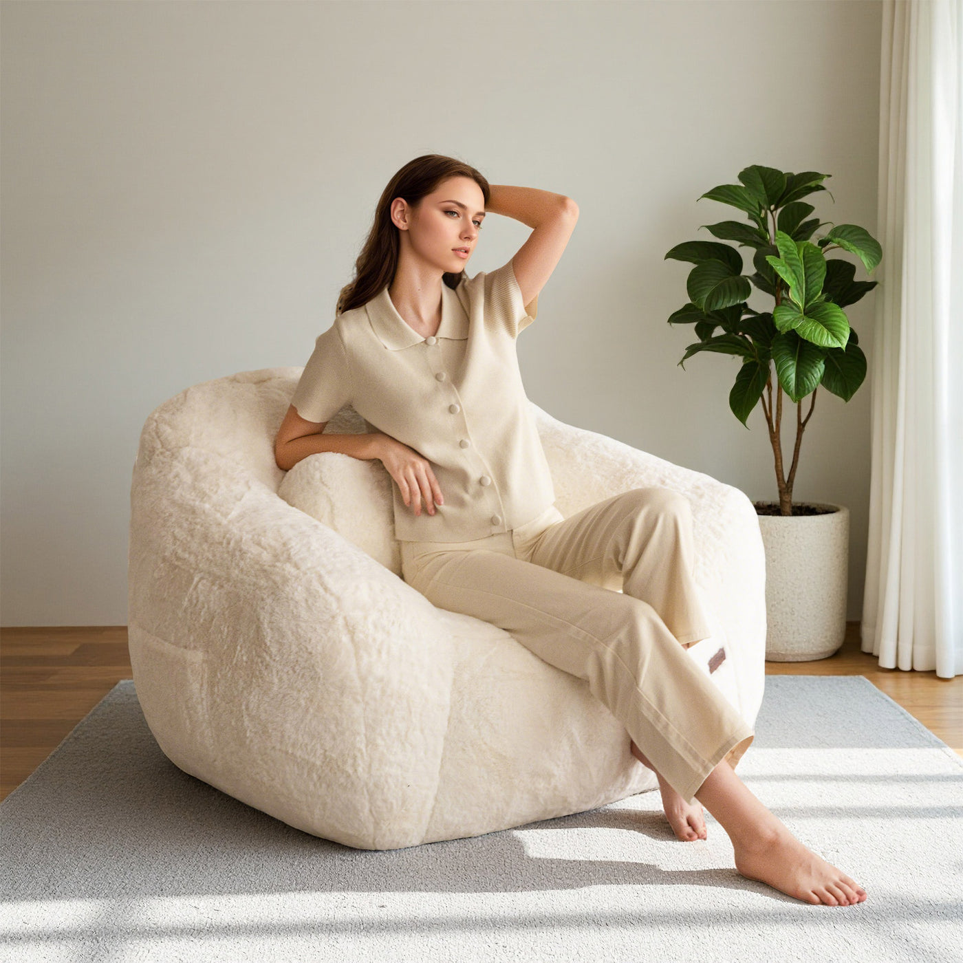 MAXYOYO Giant Bean Bag Chair with Pillow - Plush Huge Bean Bag Chair Couch (Zippered Link Pillow), Beige