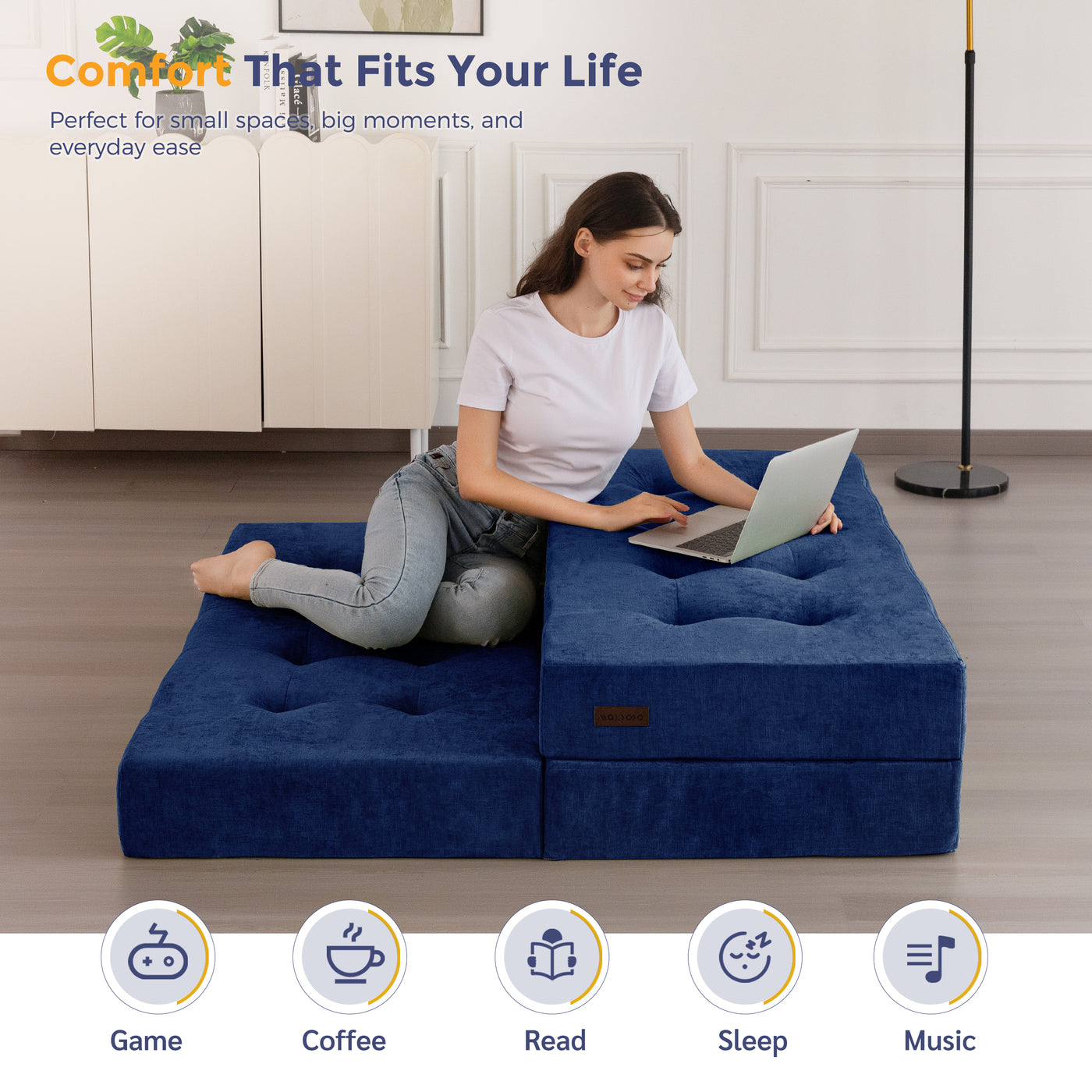 MAXYOYO Tri-Fold Mattress, 6 Inch Tufted Folding Mattress with Chenille Fabric, Portable Queen Size Floor Guest Mat for Adults, Foldable Topper for Camping