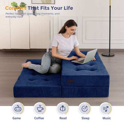 MAXYOYO Tri-Fold Mattress, 6 Inch Tufted Folding Mattress with Chenille Fabric, Portable Queen Size Floor Guest Mat for Adults, Foldable Topper for Camping