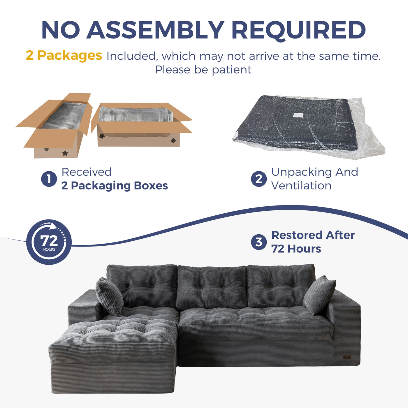 MAXYOYO L Shaped Sectional Sofa with Ottoman, Cloud Boneless Couch with Layered Cushion, Upholstered Modular Sofa with Tufting, Flexible Module Combination for Living Room, No Assembly, Dark Grey