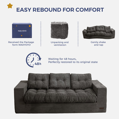 MAXYOYO 3 Seater Couch for Living Room, Boneless Couch with Tufted Cushion & Backrest, Upholstered Floor Sofa with Armrests, Sofa in A Box, No Assembly Required