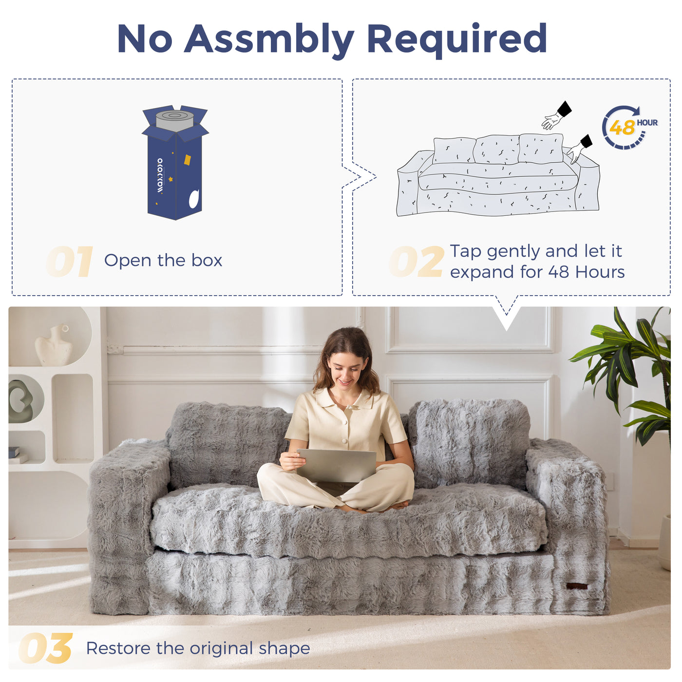 MAXYOYO 3 Seater Sofa for Living Room, Tufted Boneless Couch Bubbled Sofa Couch, Comfy Bean Bag Chair for Bedroom Apartment, No Assembly Needed
