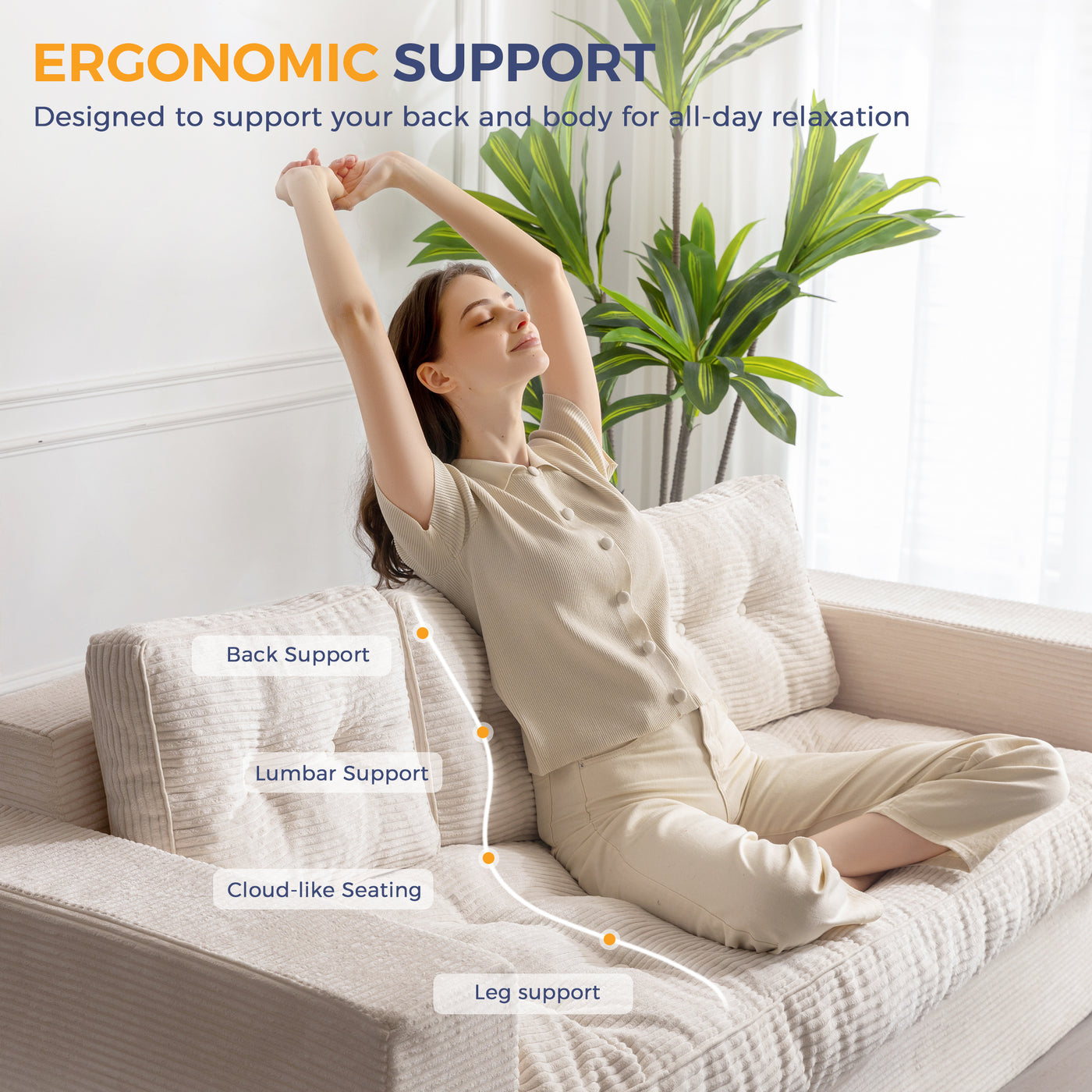 MAXYOYO 3 Seater Couch for Living Room, Boneless Couch with Tufted Cushion & Backrest, Upholstered Floor Sofa with Armrests, Sofa in A Box, No Assembly Required