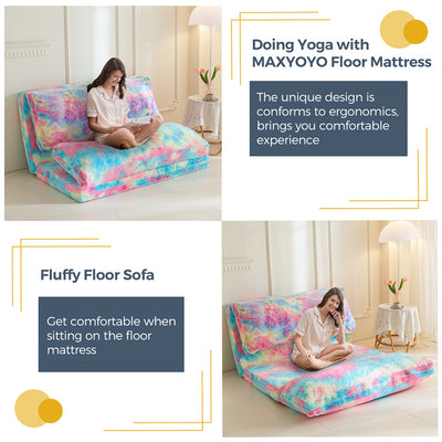 MAXYOYO Bean Bag Folding Sofa Bed, Floor Mattress Extra Thick Floor Sofa with Faux Fur Washable Cover, Rainbow