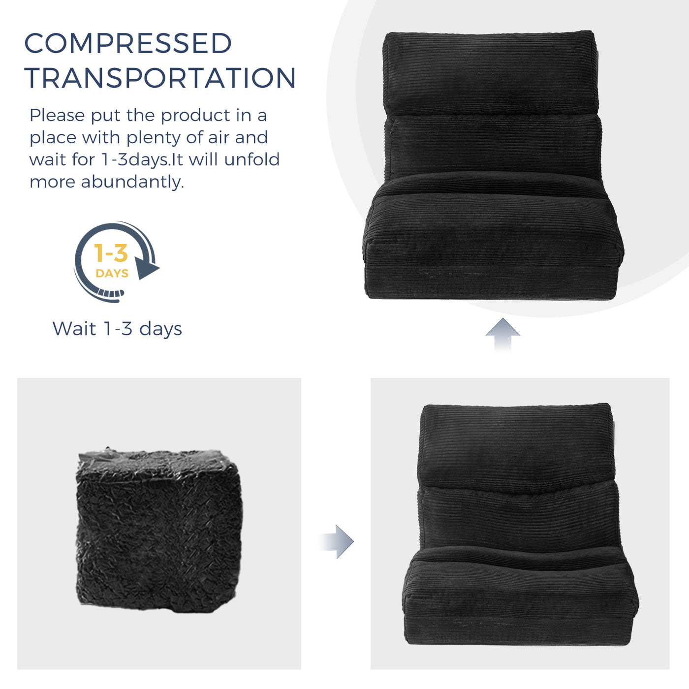 MAXYOYO Bean Bag Folding Sofa Bed, Corduroy Extra-Wide Foldable Floor Mattress, Black