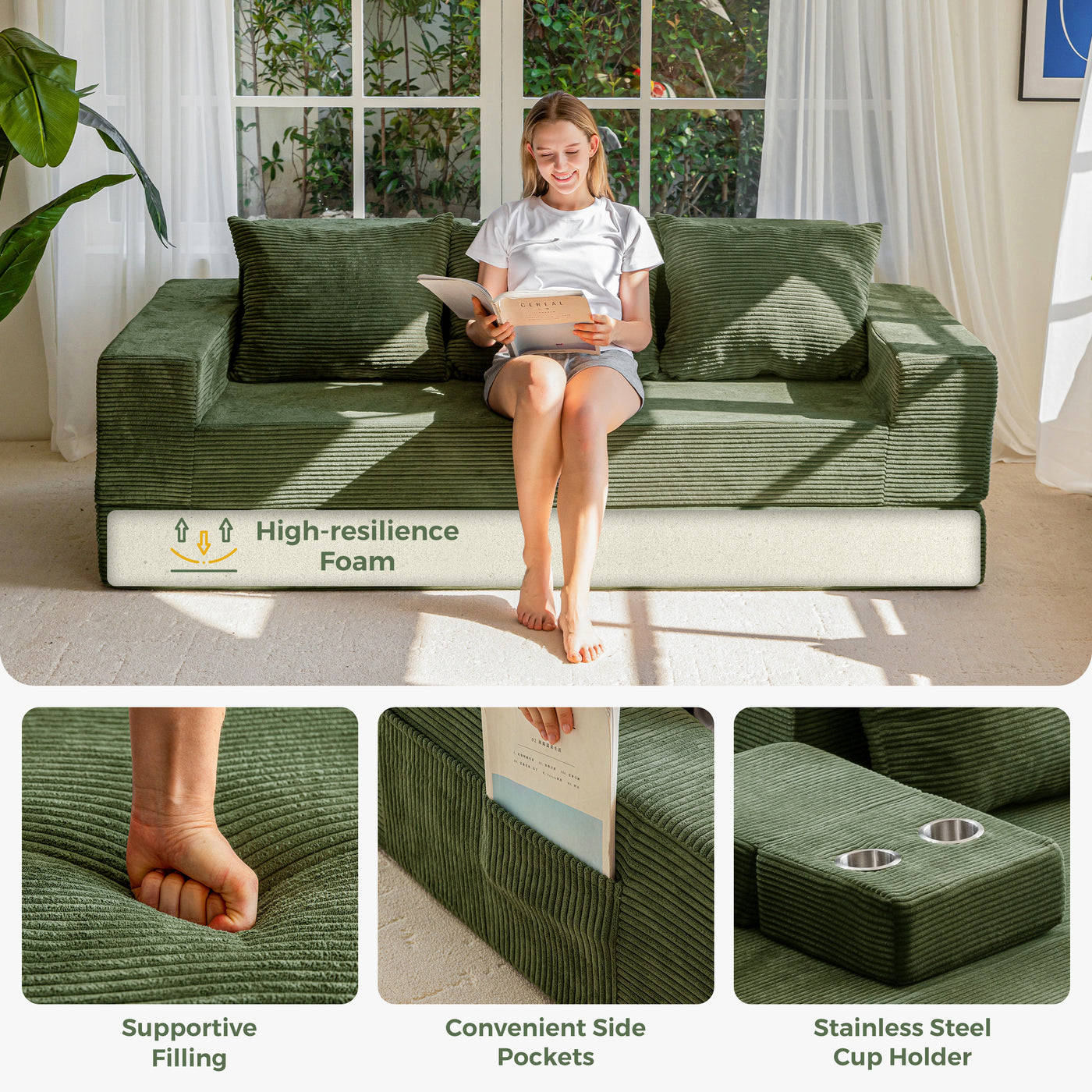MAXYOYO Sofa Bed, 4 in 1 Foldable Floor Sofa Couch in A Box with 2 Cup Holders, Convertible 3 Seater Boneless Couch Folding Recliner Sleeper Chair for Living Room, No Assembly Required
