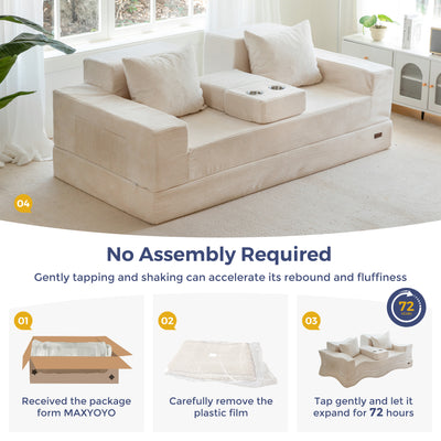 MAXYOYO Sofa Bed, 4 in 1 Foldable Floor Sofa Couch in A Box with 2 Cup Holders, Convertible 3 Seater Boneless Couch Folding Recliner Sleeper Chair for Living Room, No Assembly Required