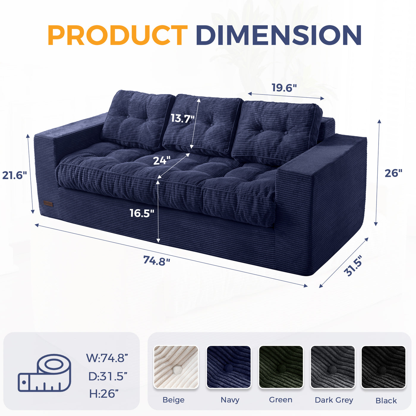 MAXYOYO 3 Seater Couch for Living Room, Boneless Couch with Tufted Cushion & Backrest, Upholstered Floor Sofa with Armrests, Sofa in A Box, No Assembly Required