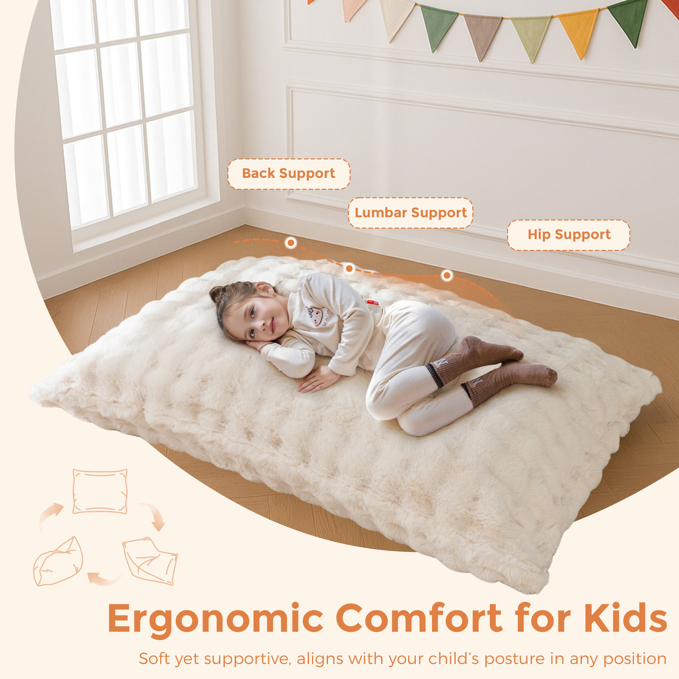 MAXYOYO 3 in 1 Kids Bean Bag Chair Bed, Child Floor Sofa for Gaming, Reading, Faux Fur Floor Mattress with High-Density Foam Filling for Living Room Bedroom