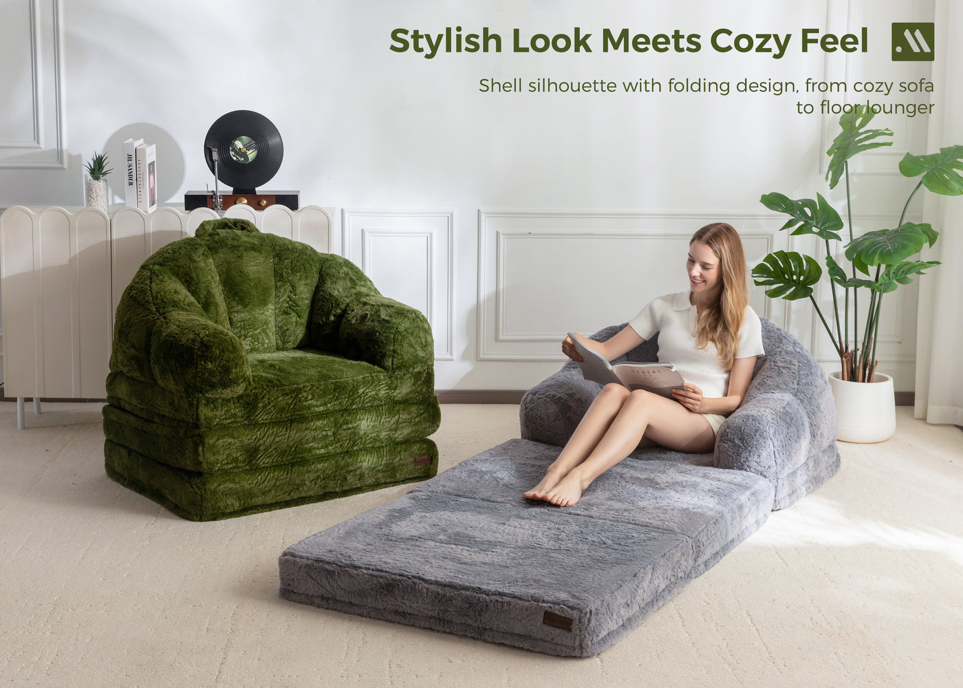 MAXYOYO Folding Sofa Bed, 2 in 1 Convertible Sofa to Lounger Comfy Single Bean Bag Chair for Adults, Floor Sleeper Couch with Handle, Faux Fur Couch Bed for Living Room Bedroom, Green
