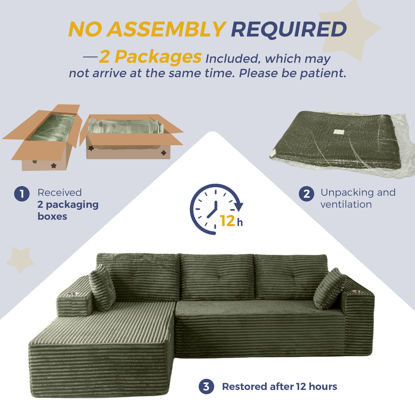 MAXYOYO 104" Modular Sectional Couch with L-Shape Chaise, Modern Boneless Couch for Living Room, Sofa in A Box, Oversized Sofa Sleeper with Deep Seat, No Assembly Required, Green