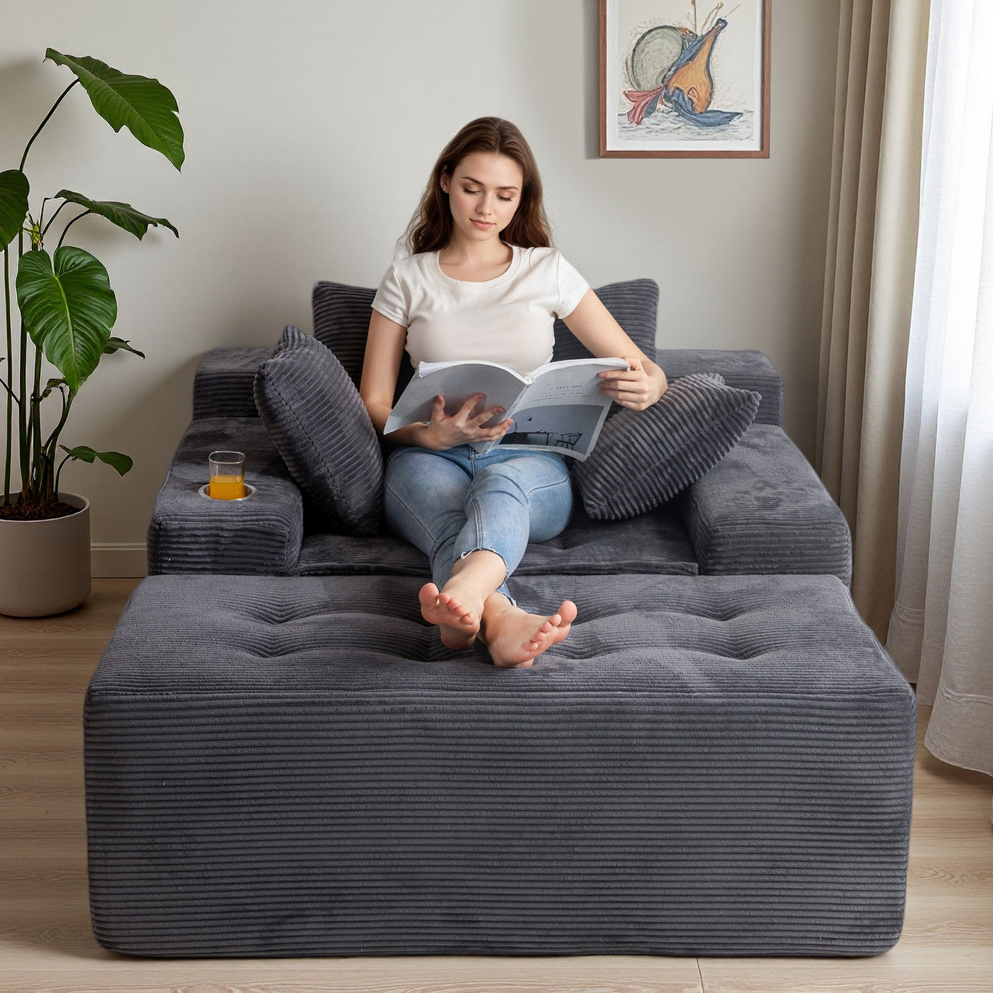 MAXYOYO Oversized Chaise Lounge Sofa with Ottoman – Deep Seat Tufted Floor Couch, No-Assembly, Grey