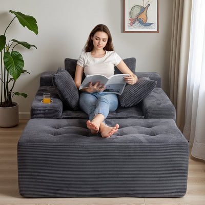 MAXYOYO Oversized Chaise Lounge Sofa with Ottoman – Deep Seat Tufted Floor Couch, No-Assembly, Grey