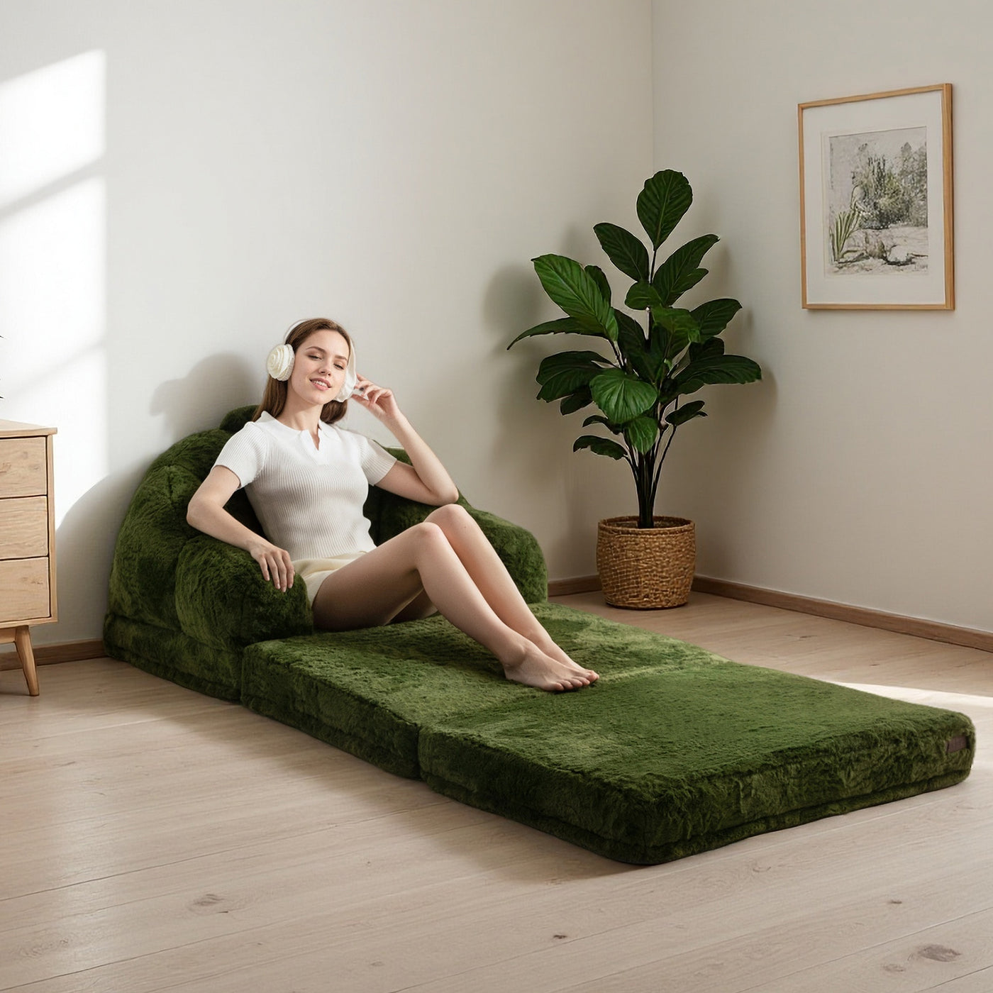 MAXYOYO Convertible Floor Sofa – Foldable Bean Bag Chair with Handle, Green