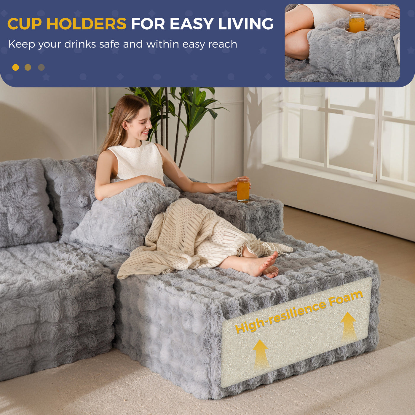 MAXYOYO 104" Modular Sectional Couch with L-Shape Chaise, Modern Boneless Couch for Living Room, Sofa in A Box, Oversized Sofa Sleeper with Deep Seat, No Assembly Required, Grey