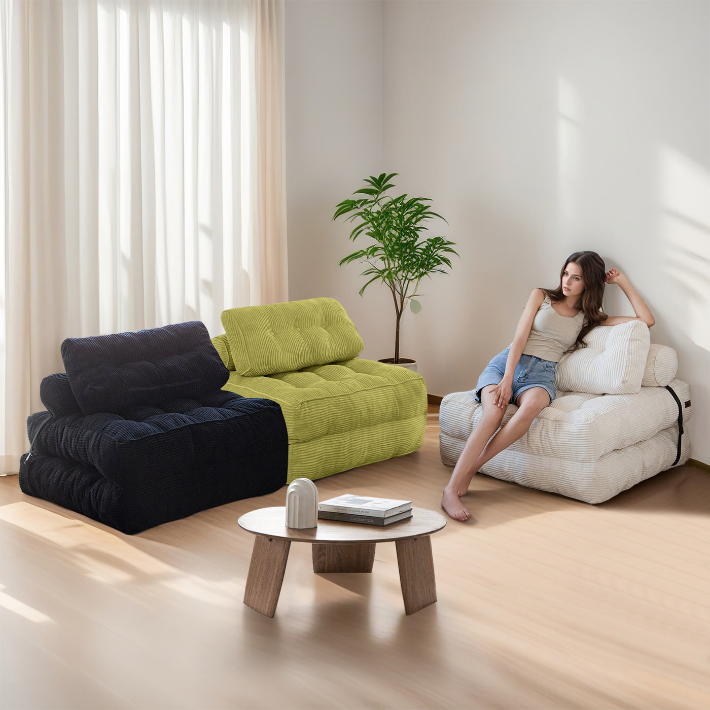 corduroy bean bag folding sofa#color_green