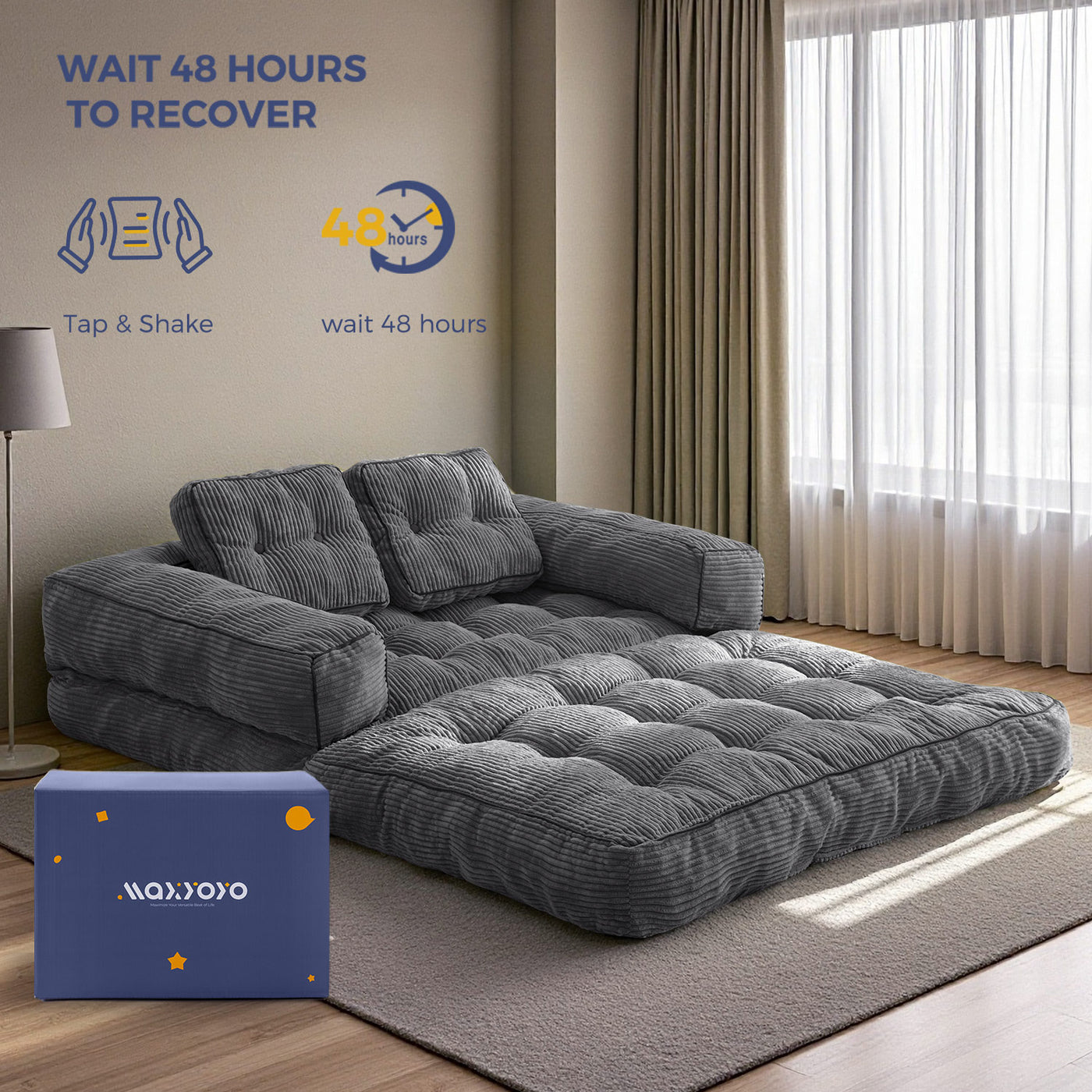 MAXYOYO Convertible  Sofa Bed with Armrest – 2-Seat Foldable Couch, Dark Grey