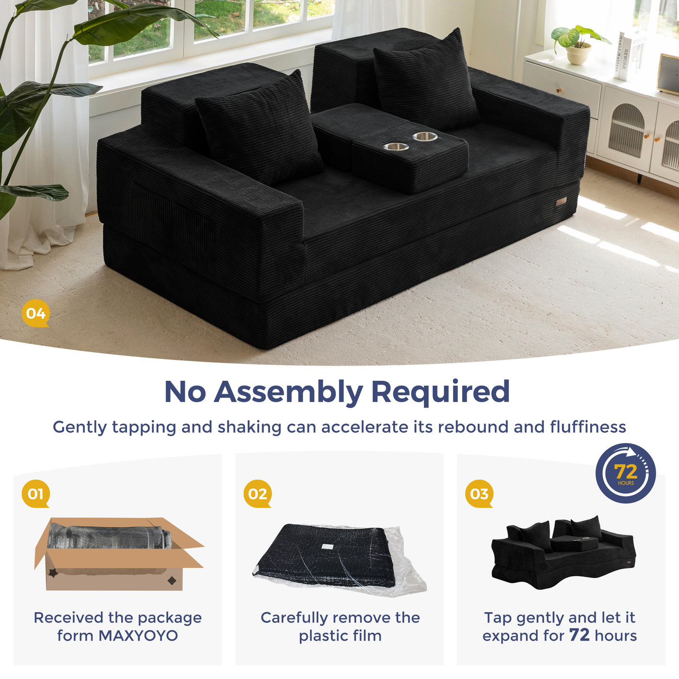 MAXYOYO Sofa Bed, 4 in 1 Foldable Floor Sofa Couch in A Box with 2 Cup Holders, Convertible 3 Seater Boneless Couch Folding Recliner Sleeper Chair for Living Room, No Assembly Required