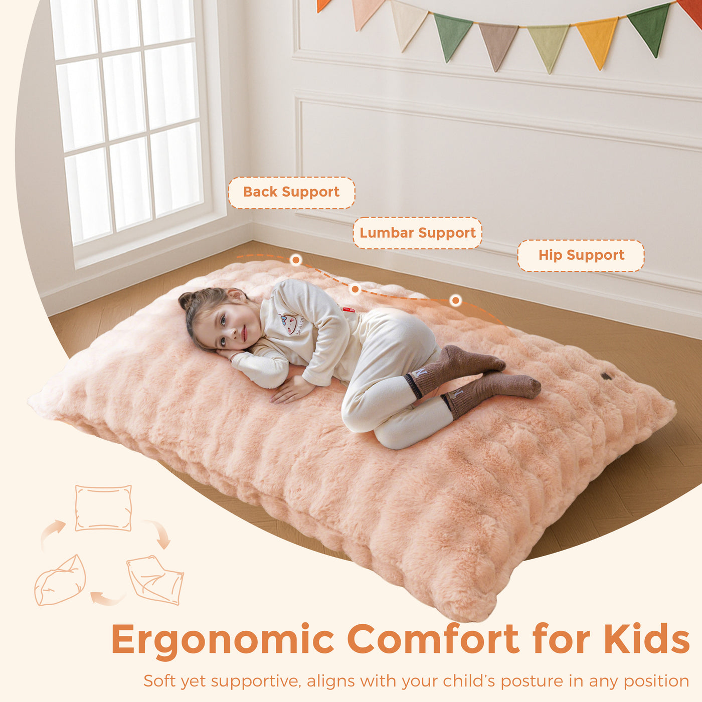 MAXYOYO 3 in 1 Kids Bean Bag Chair Bed, Child Floor Sofa for Gaming, Reading, Faux Fur Floor Mattress with High-Density Foam Filling for Living Room Bedroom