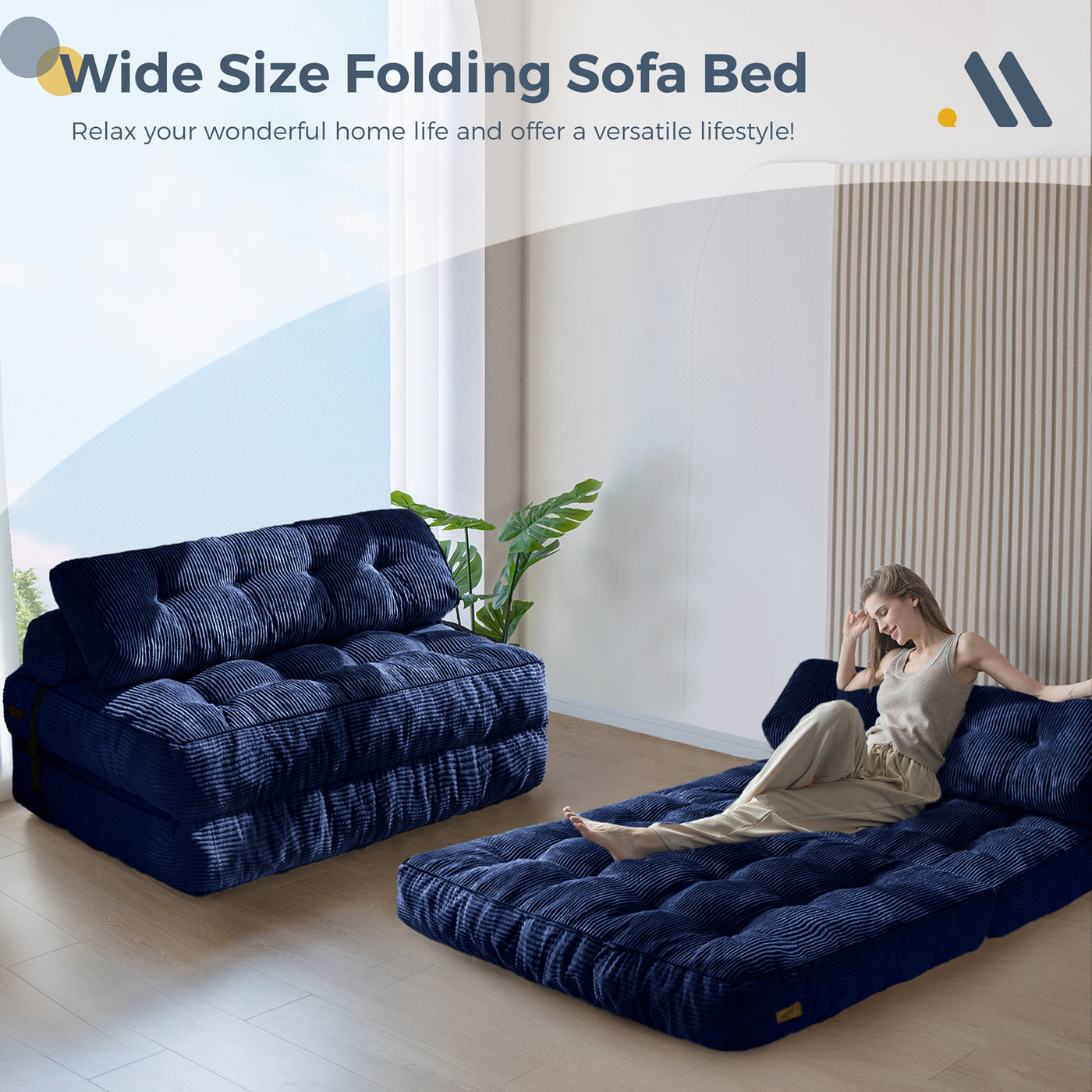 MAXYOYO Folding Sofa Bed, Convertible Sleeper Chair with Pillow Foldable Matress with Back Support, Portable Fold Out Chair Bed Comfy Floor Sofa Lounge for Living Room Bedroom, Navy Double