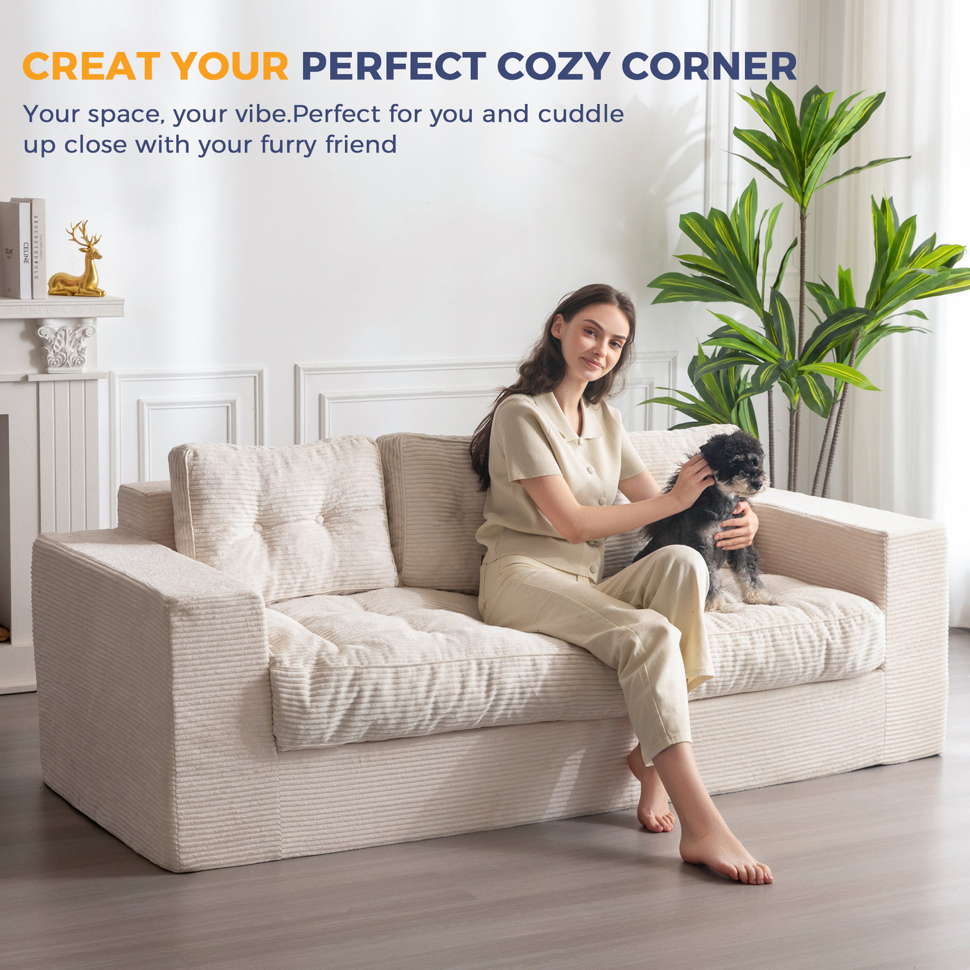 MAXYOYO 3 Seater Couch for Living Room, Boneless Couch with Tufted Cushion & Backrest, Upholstered Floor Sofa with Armrests, Sofa in A Box, No Assembly Required