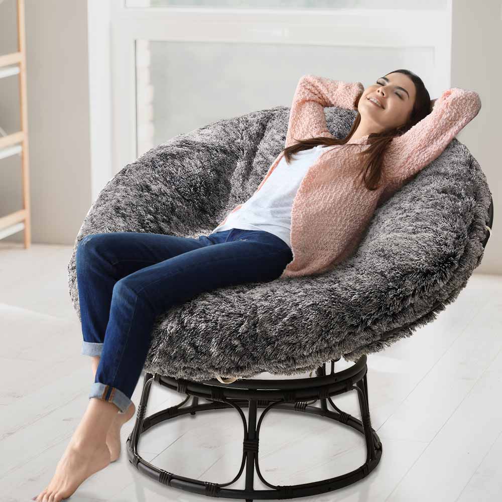 MAXYOYO Large faux fur papasan cushion (cushion only), round pillow, papasan pillow for swing and hanging chair, Mix Black