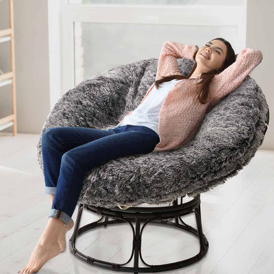 MAXYOYO Large faux fur papasan cushion (cushion only), round pillow, papasan pillow for swing and hanging chair, Mix Black
