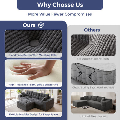 MAXYOYO L Shaped Sectional Sofa with Ottoman, Cloud Boneless Couch with Layered Cushion, Upholstered Modular Sofa with Tufting, Flexible Module Combination for Living Room, No Assembly, Dark Grey