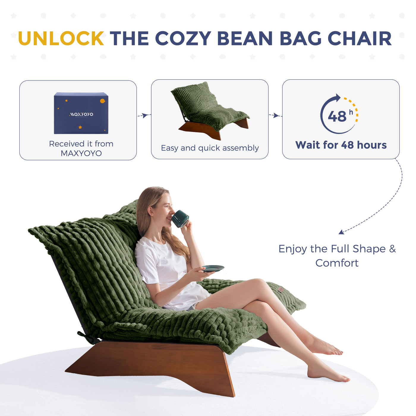 MAXYOYO Adjustable Living Room Chair, 3-Position Bean Bag Chair with Removable Cover, Upholstered Accent Chair with Frame, Soft Reclining Lounge for Bedroom, Apartment, Office