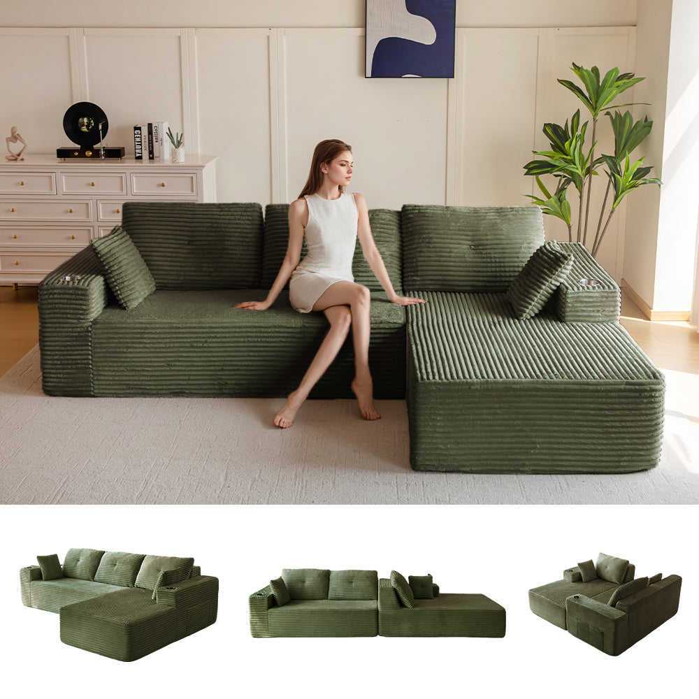 MAXYOYO 104" L-Shape Sectional Sofa - Corduroy Cloud Modular Couch for Living Room, Green