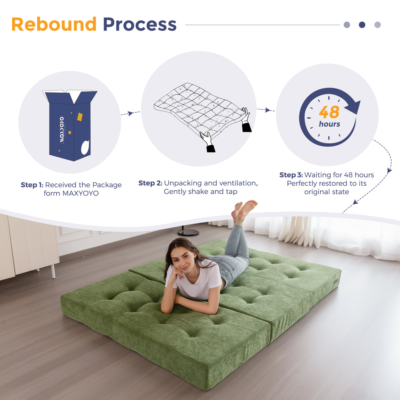 MAXYOYO Tri-Fold Mattress, 6 Inch Tufted Folding Mattress with Chenille Fabric, Portable Queen Size Floor Guest Mat for Adults, Foldable Topper for Camping