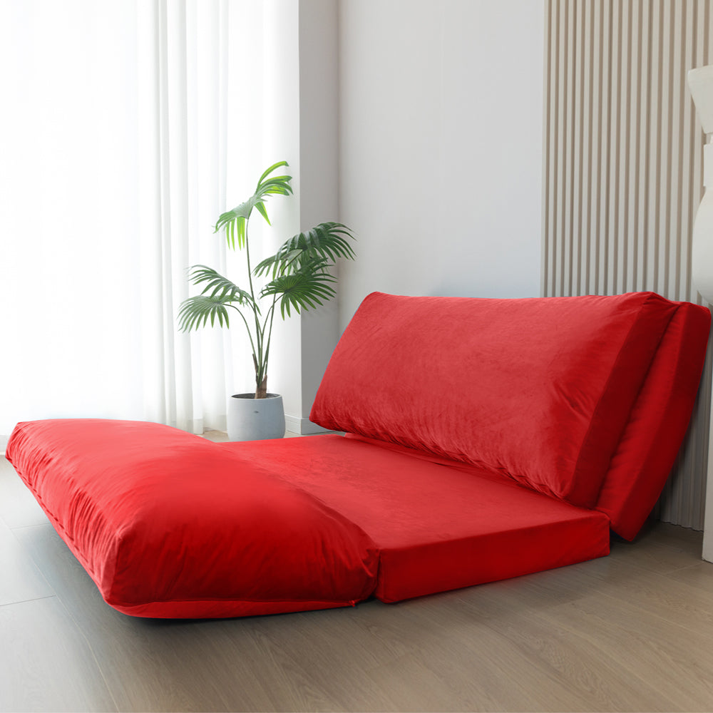 MAXYOYO Bean Bag Folding Sofa Bed, Velvet Floor Sofa with Washable Cover for Adults, Red
