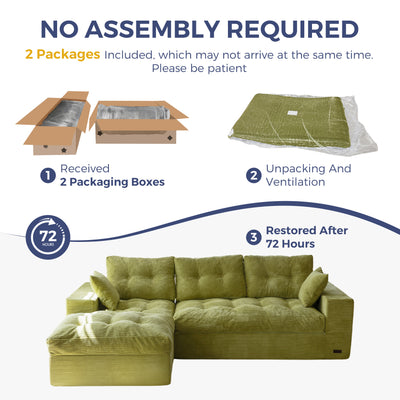 Green sectional sofa with assembly instructions on a white background